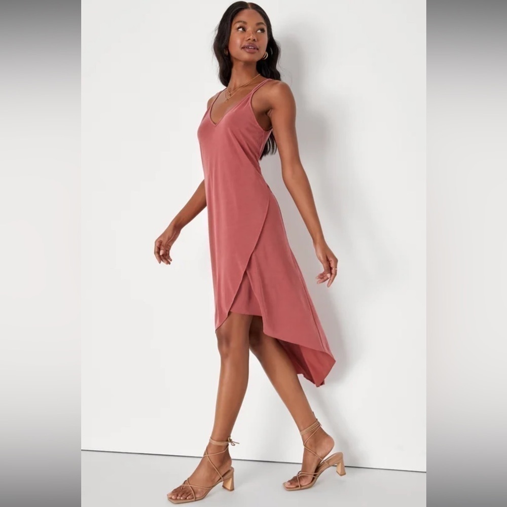 Lulu’s Hi-Low Twin Spaghetti Strap Stretch Knit Dress In Washed Red Size M - Picture 4 of 10